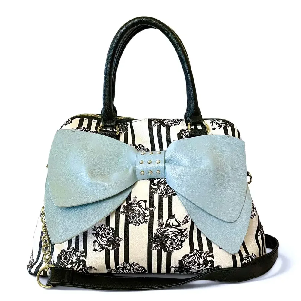 Betsey Johnson Blue Bow Faux Leather Floral Stripe Dome Satchel Bag Handbag